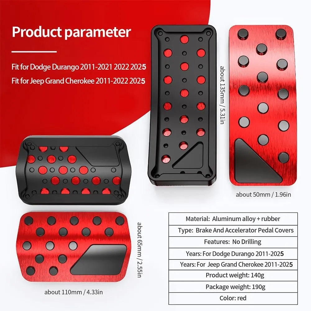 Car Pedal Cover for Dodge Durango Jeep Grand Cherokee 2011-2024 2025 Aluminum Alloy No Drilling Aluminum Brake and Accelerator Pedal Covers 2PCS(Red)