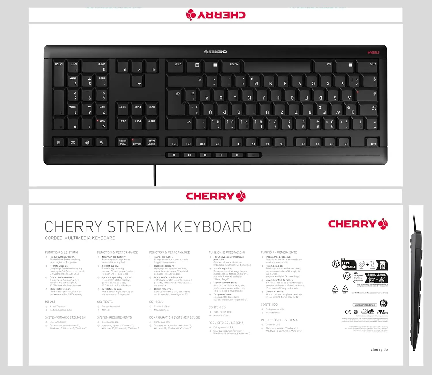 CHERRY Stream Keyboard Wired USB SX Scissors Mechanism QWERTY Whisper-Quiet Silent Keystroke for Home Office, Work or Personal Computer. Black