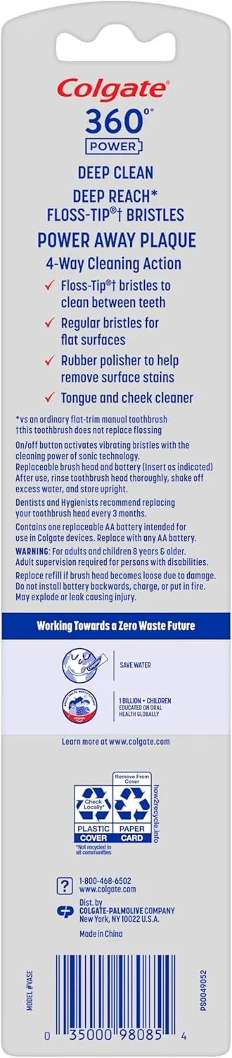 Colgate 360 Floss Tip Sonic Powered Battery Toothbrush, 2 Pack with Floss Tip Refill Heads