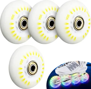 Cosmos 4 Pack 64mm Light Up Inline Skate Wheels Flash Roller Skate Wheels, 90A Roller Blade Skating Replacement Wheel with ABEC-9 Bearings for Indoor Outdoor Inline Roller Skates (Rainbow Color Light)