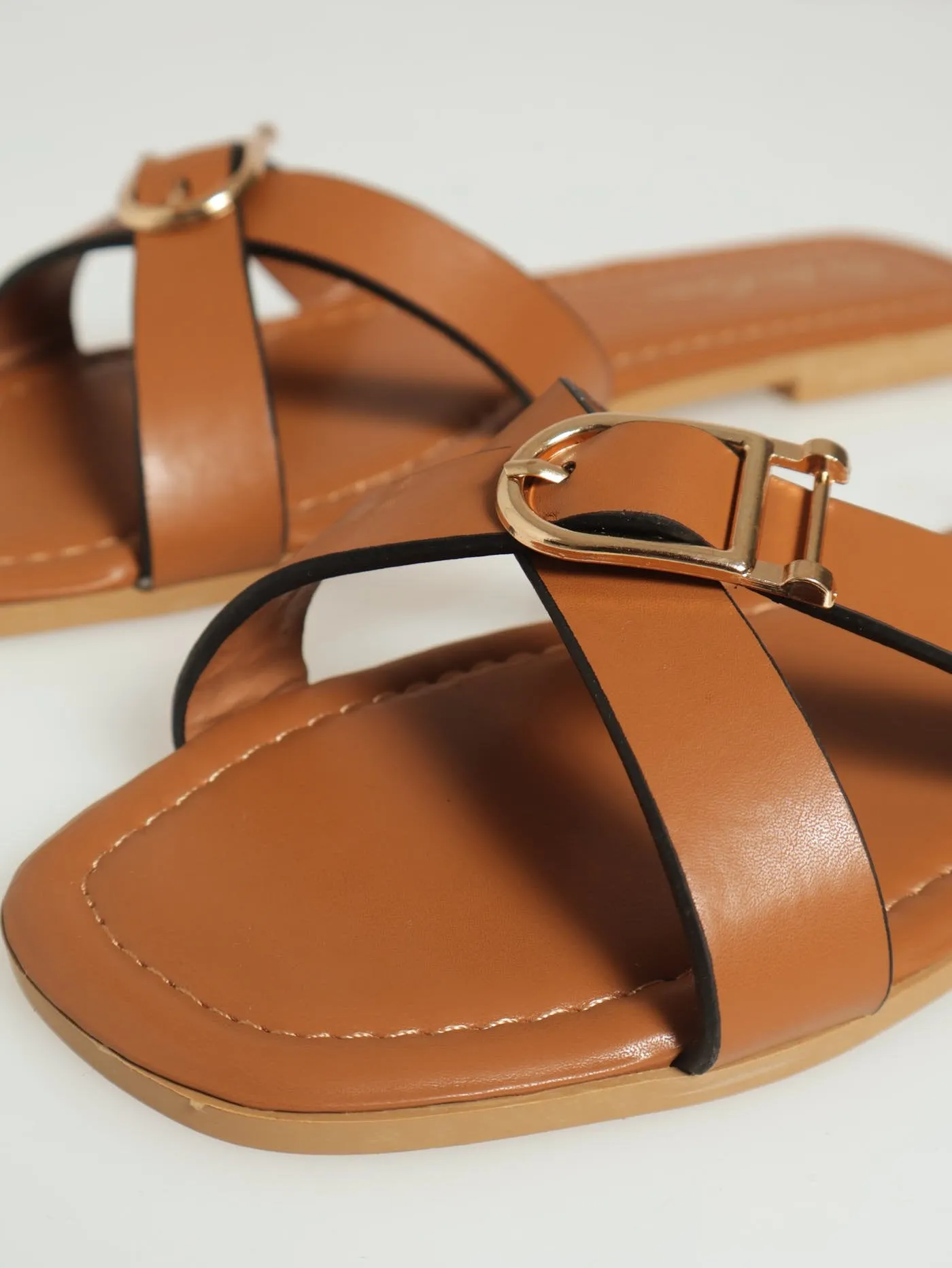 Cross Strap Buckled  Mule Sandal - Tan