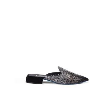 Crystals black suede flat mules