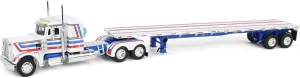 DCP First Gear 1/64 Peterbilt 359 Truck Model with 48ft Utility Flatbed Trailer, USA Bicentennial Patriot 69-1921, Diecast Metal with Plastic Parts, Red