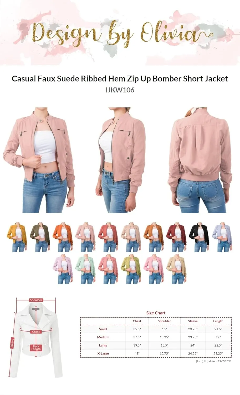 Design by Olivia Women's Casual Faux Suede Ribbed Hem Zip Up Bomber Short Jacket