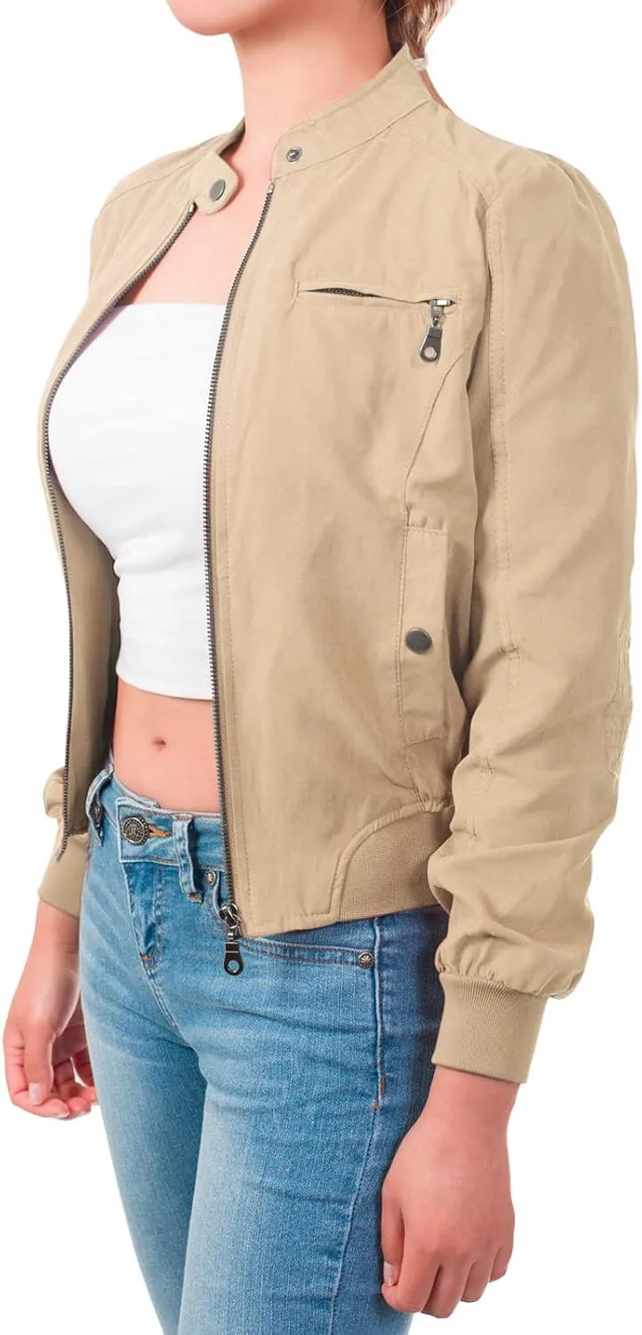 Design by Olivia Women's Casual Faux Suede Ribbed Hem Zip Up Bomber Short Jacket