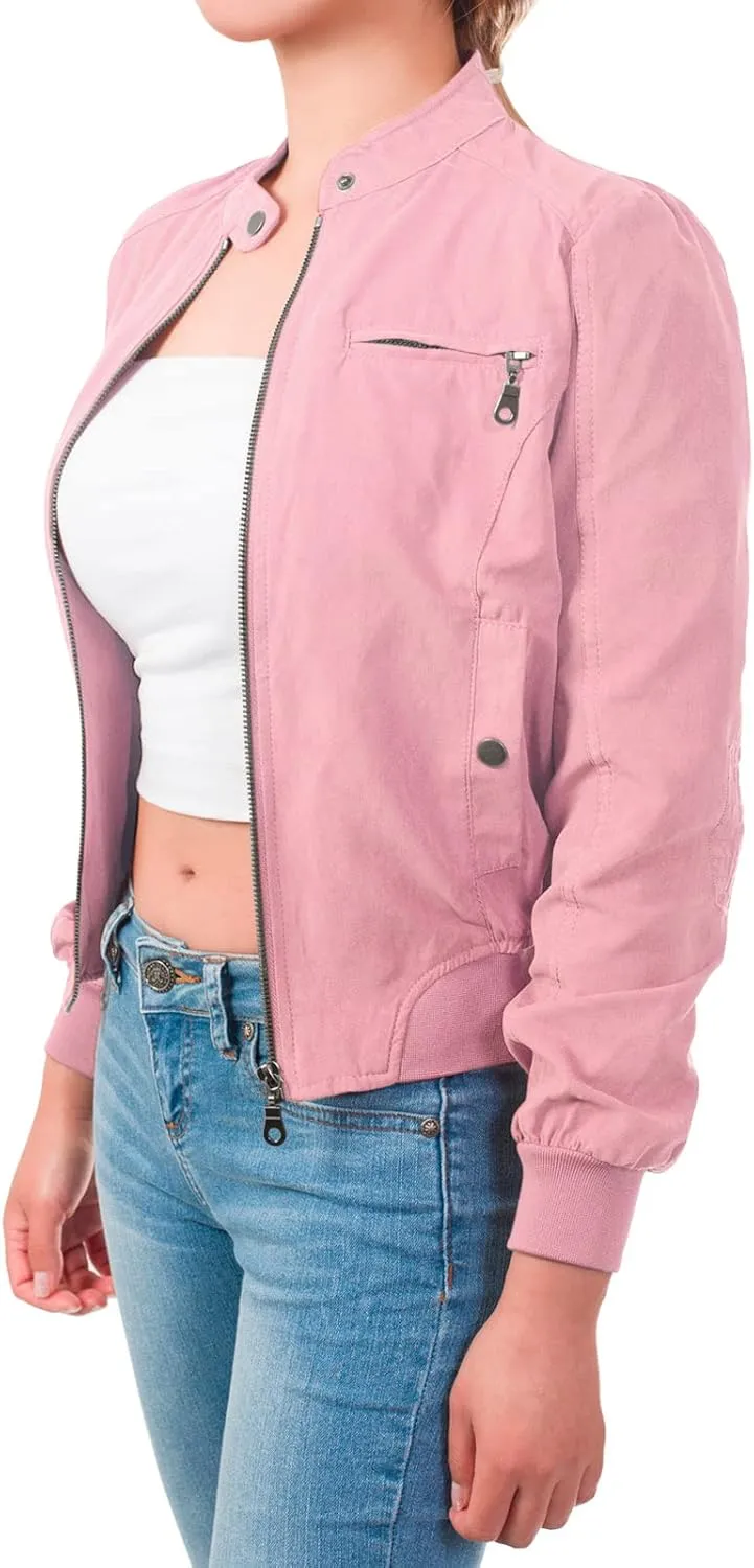 Design by Olivia Women's Casual Faux Suede Ribbed Hem Zip Up Bomber Short Jacket