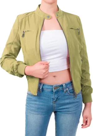 Design by Olivia Women's Casual Faux Suede Ribbed Hem Zip Up Bomber Short Jacket