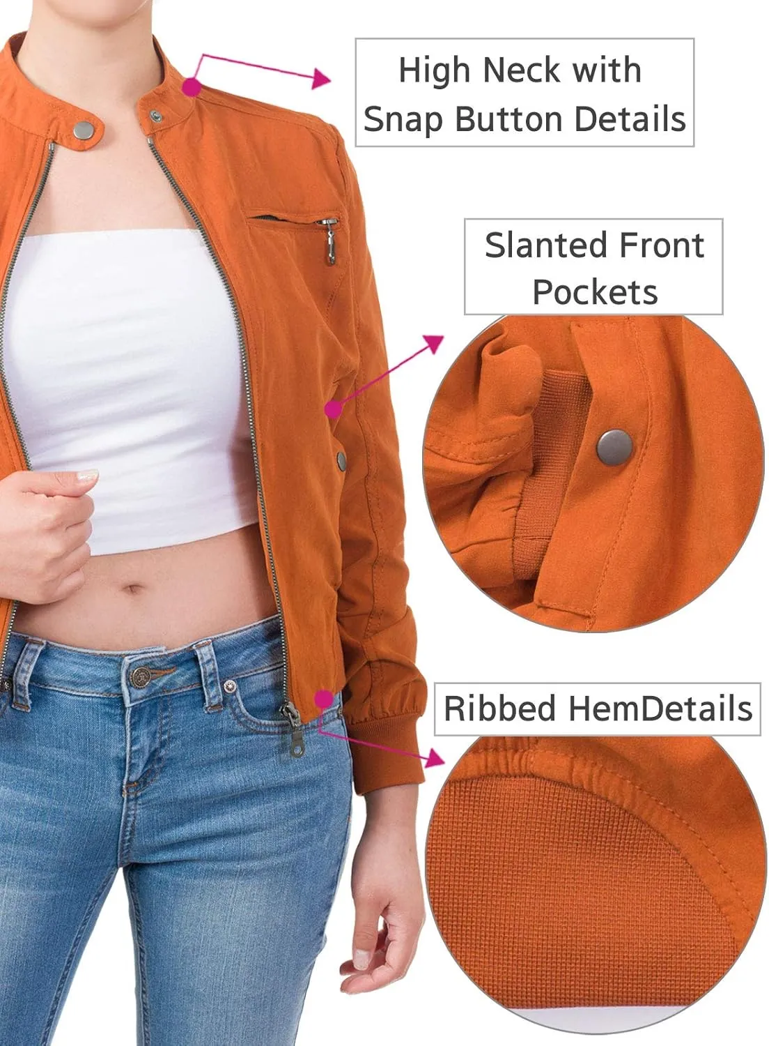 Design by Olivia Women's Casual Faux Suede Ribbed Hem Zip Up Bomber Short Jacket