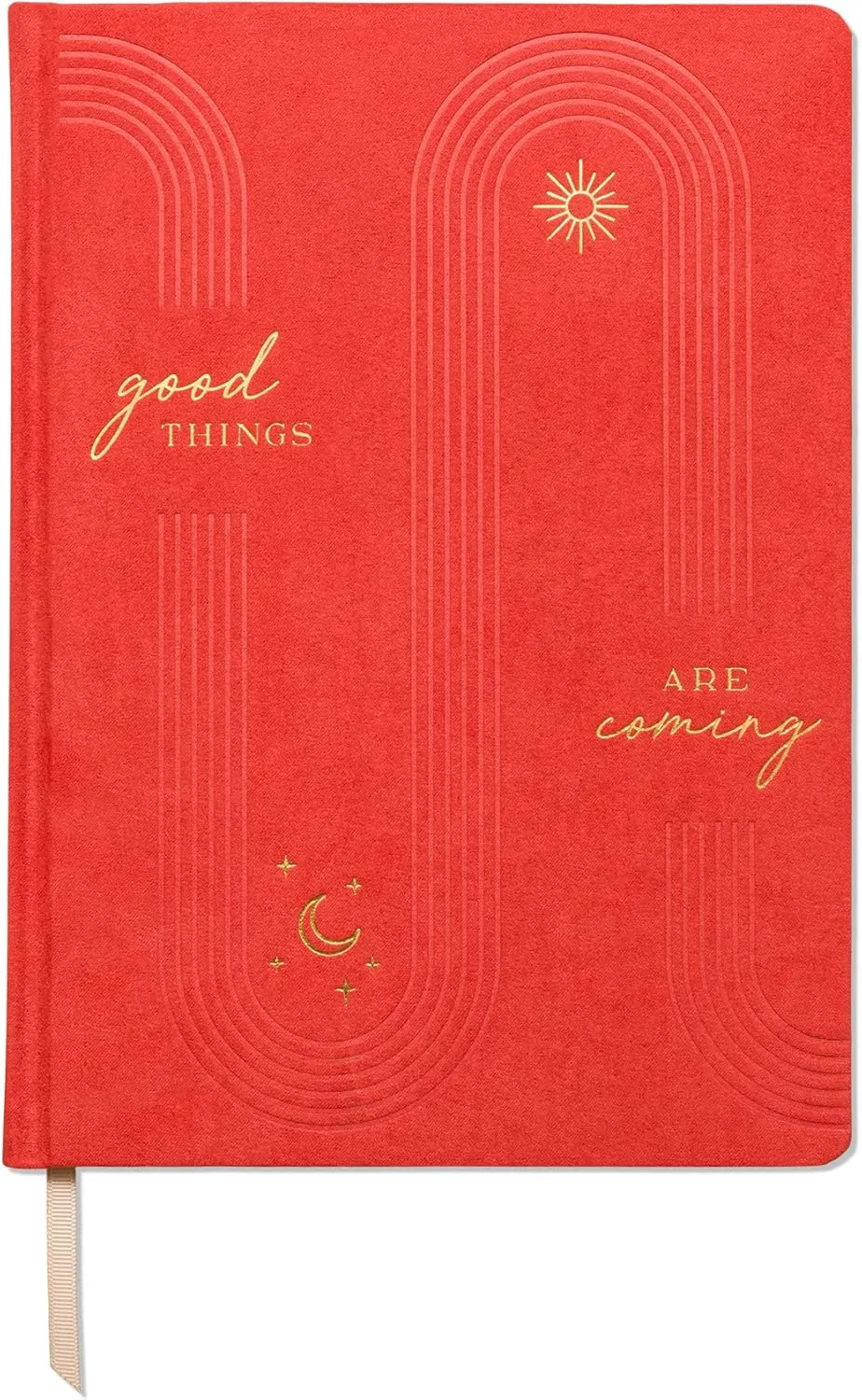 DesignWorks Ink Good Things Are Coming Orange 7.5" x 10.25" Jumbo Journal Notebook with Vegan Suede, Gold Arches Accents, Lined Pages, Ribbon Marker for Work, Writing, Journaling
