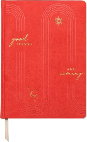 DesignWorks Ink Good Things Are Coming Orange 7.5" x 10.25" Jumbo Journal Notebook with Vegan Suede, Gold Arches Accents, Lined Pages, Ribbon Marker for Work, Writing, Journaling