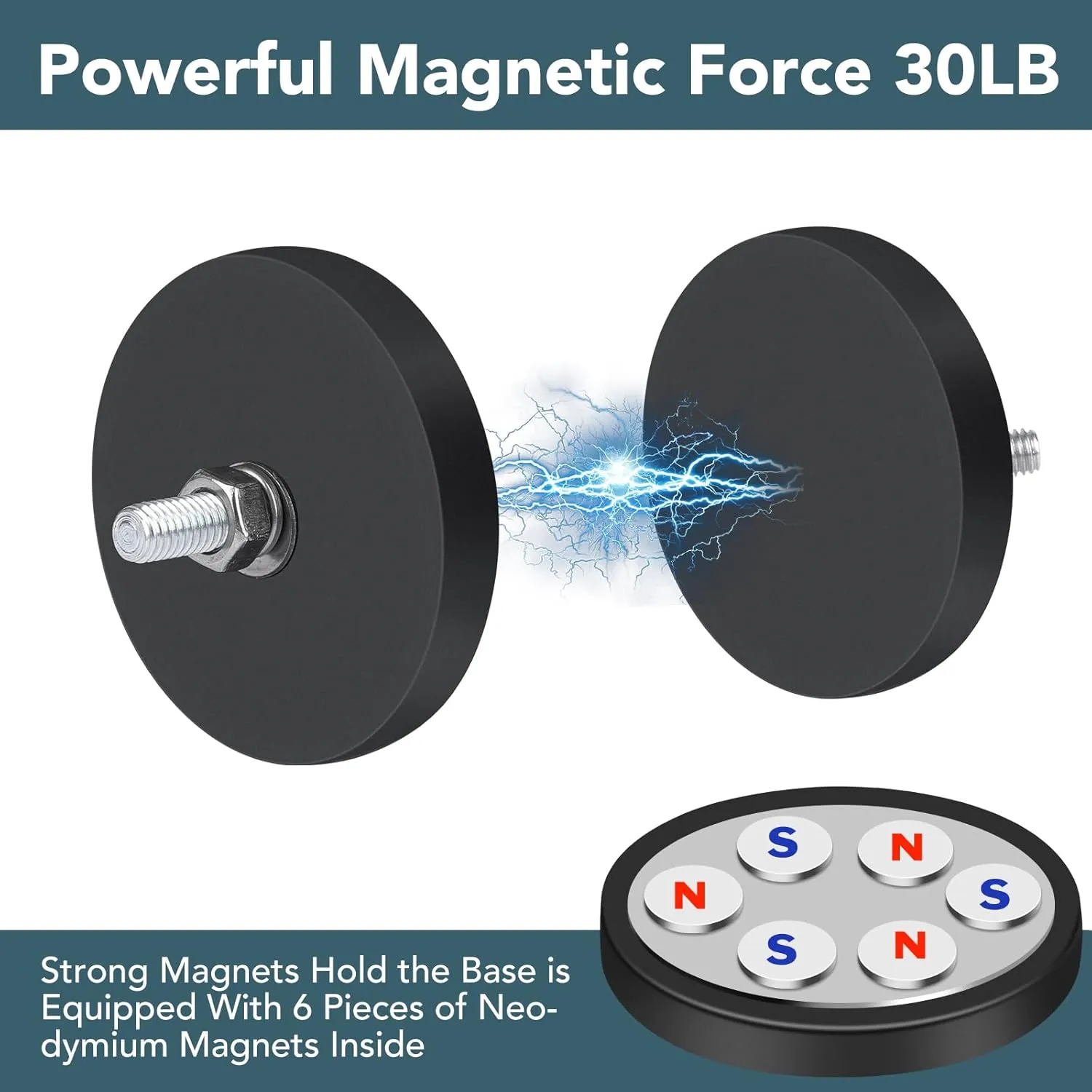 DIYMAG 6Pcs Rubber Coated Magnets, Adhesive Power 30LBS Anti-Scratch Neodymium Large Magnet Base with M5 Threaded Studs and Nuts Strong Magnets Hold The Base for Light Bar, Camera, PTZ 1.69 Inch