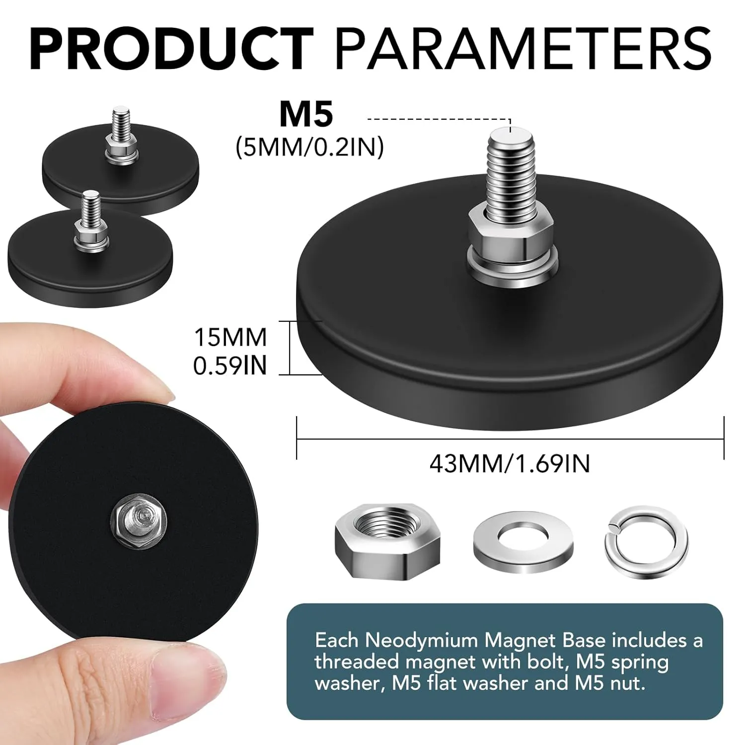 DIYMAG 6Pcs Rubber Coated Magnets, Adhesive Power 30LBS Anti-Scratch Neodymium Large Magnet Base with M5 Threaded Studs and Nuts Strong Magnets Hold The Base for Light Bar, Camera, PTZ 1.69 Inch