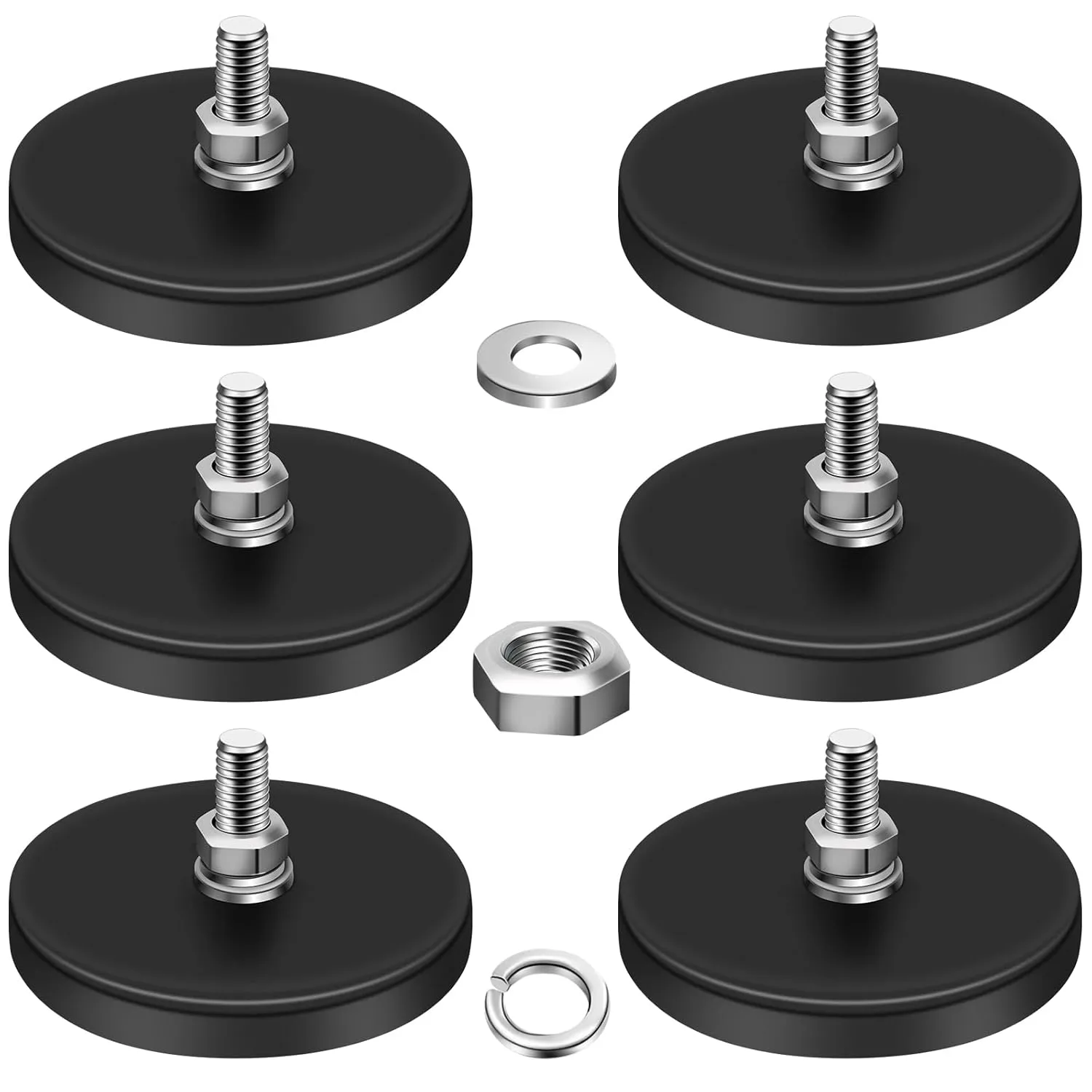 DIYMAG 6Pcs Rubber Coated Magnets, Adhesive Power 30LBS Anti-Scratch Neodymium Large Magnet Base with M5 Threaded Studs and Nuts Strong Magnets Hold The Base for Light Bar, Camera, PTZ 1.69 Inch
