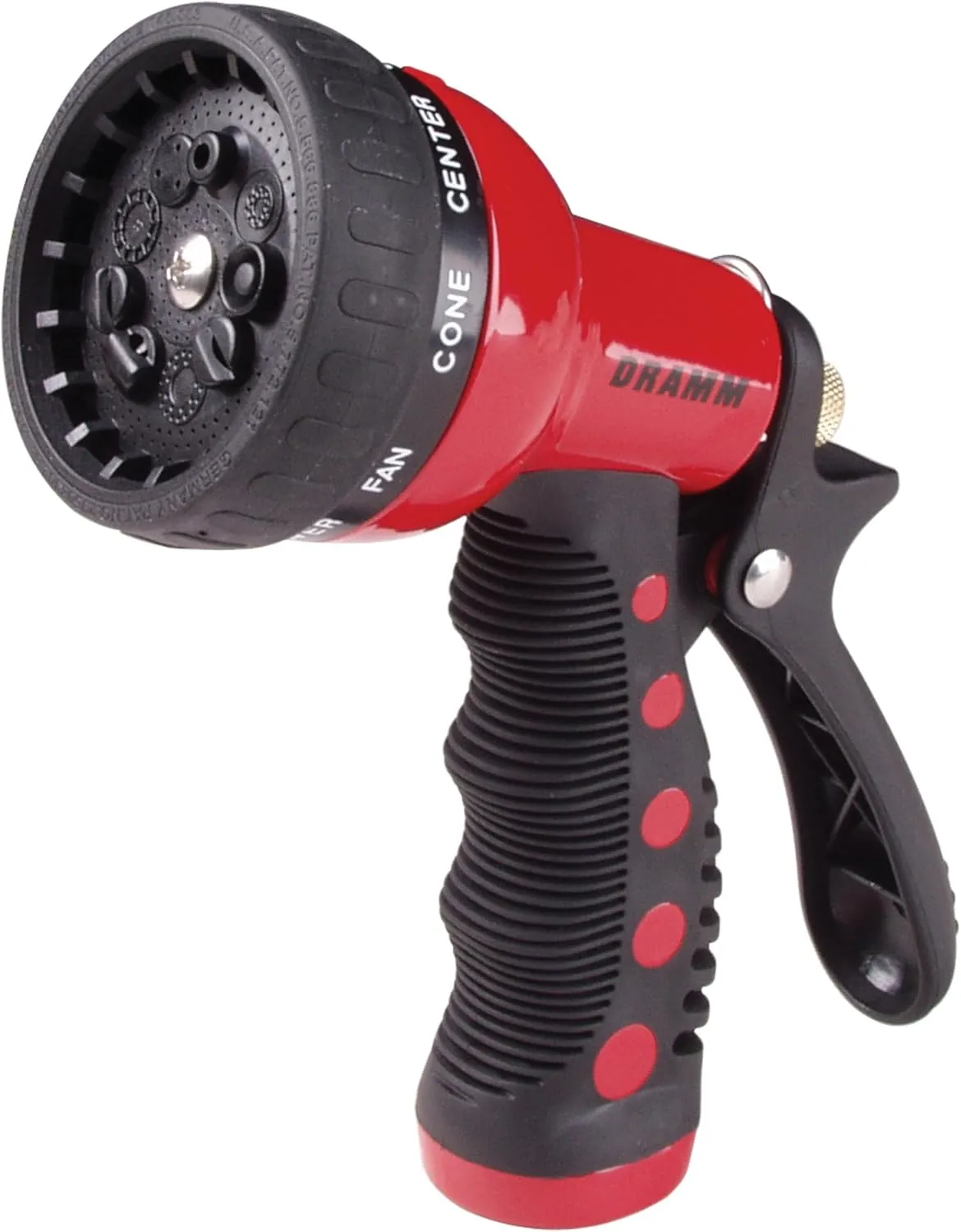 Dramm Revolver Heavy Duty 9 Pattern Quick Click Adjustable Garden Hose Spray Nozzle with Trigger Style Handle, for your Car, Boat, Deck, Sidewalk, Flowers and Young Trees, Red