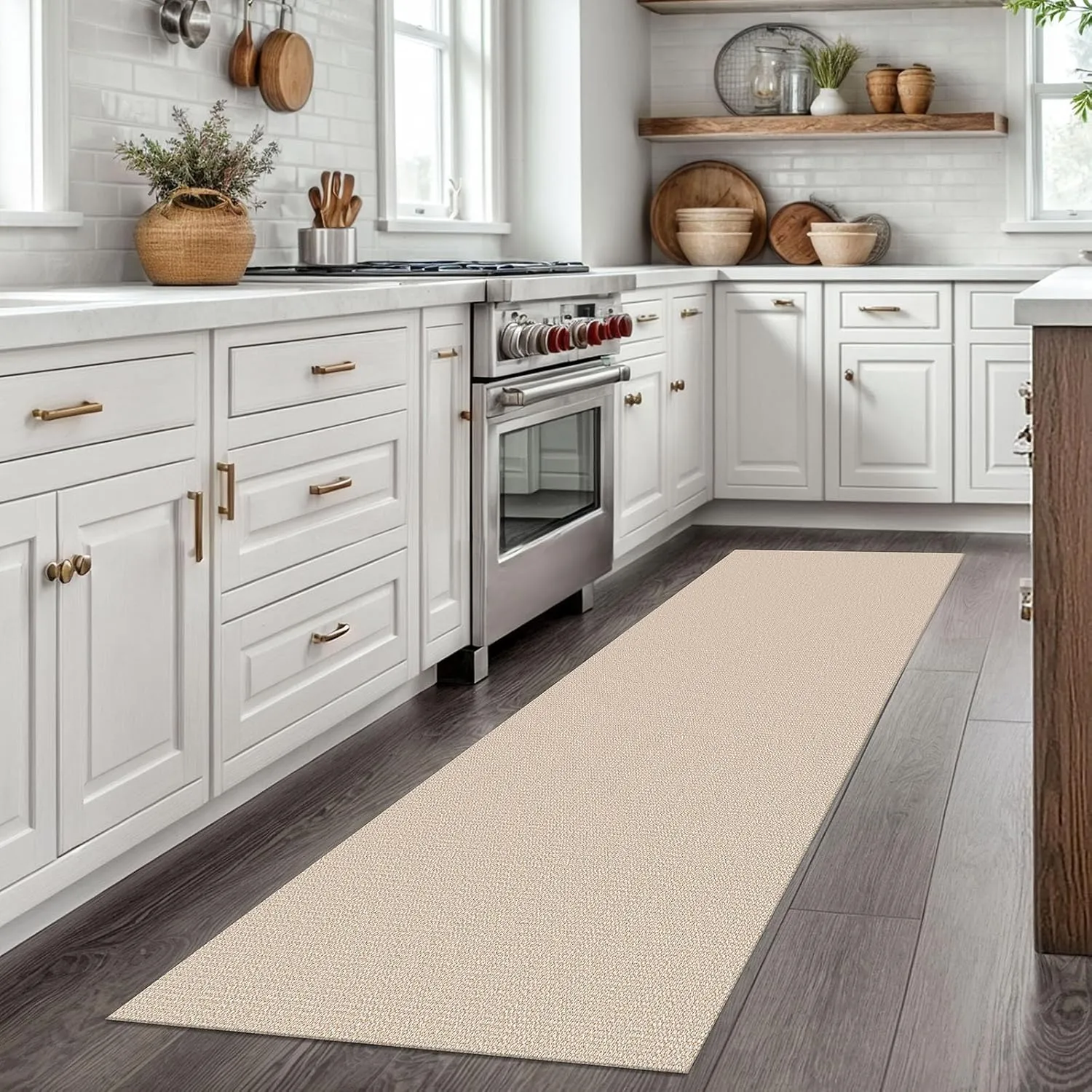 EARTHALL Washable Runner Rug 2x7 Ft Non Slip Runners for Hallways Cotton Rubber Backed Kitchen Runner Braided Indoor Floor Carpet Runners for Entryway, Hallway, Kitchen, Bedroom, Beige/White