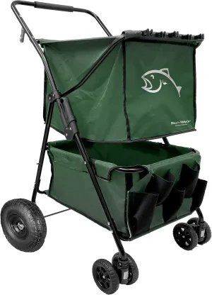 EasyGo Product Fishing Cart Wagon - Holds 5 Poles – Portable Large Air Rubber Wheels Cooler Platform Storage Pouch Folds to Fit in Trunk of Car Piers, Lakes, Rivers and Beaches Patents Pending, Green