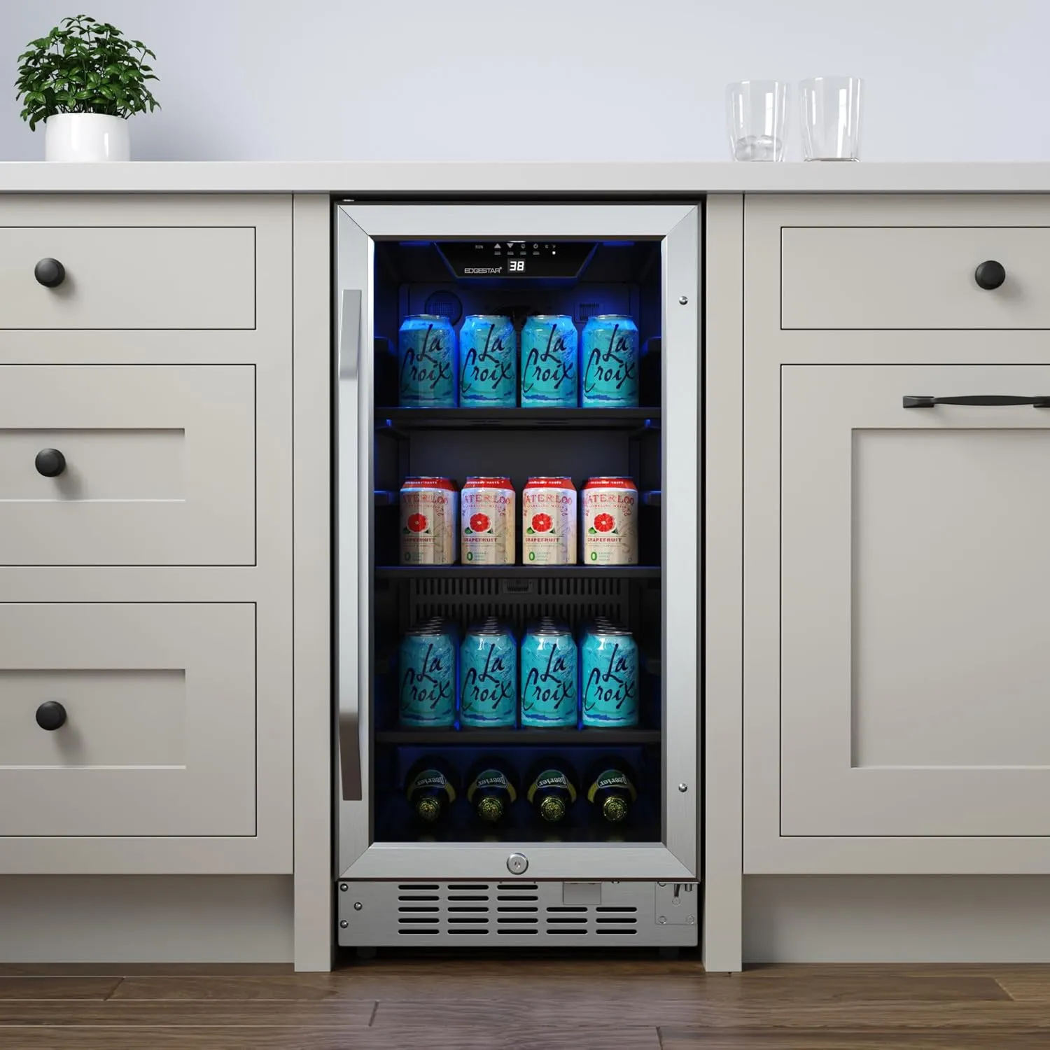 EdgeStar CBR902SG 15 Inch Wide 80 Can Built-In Beverage Cooler with Blue LED Lighting