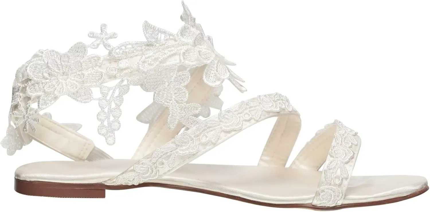 Emily Bridal 331-17 Wedding Sandals Open Toe Silk Like Satin Flat with Stitching Lace Flower Crystal Pearl