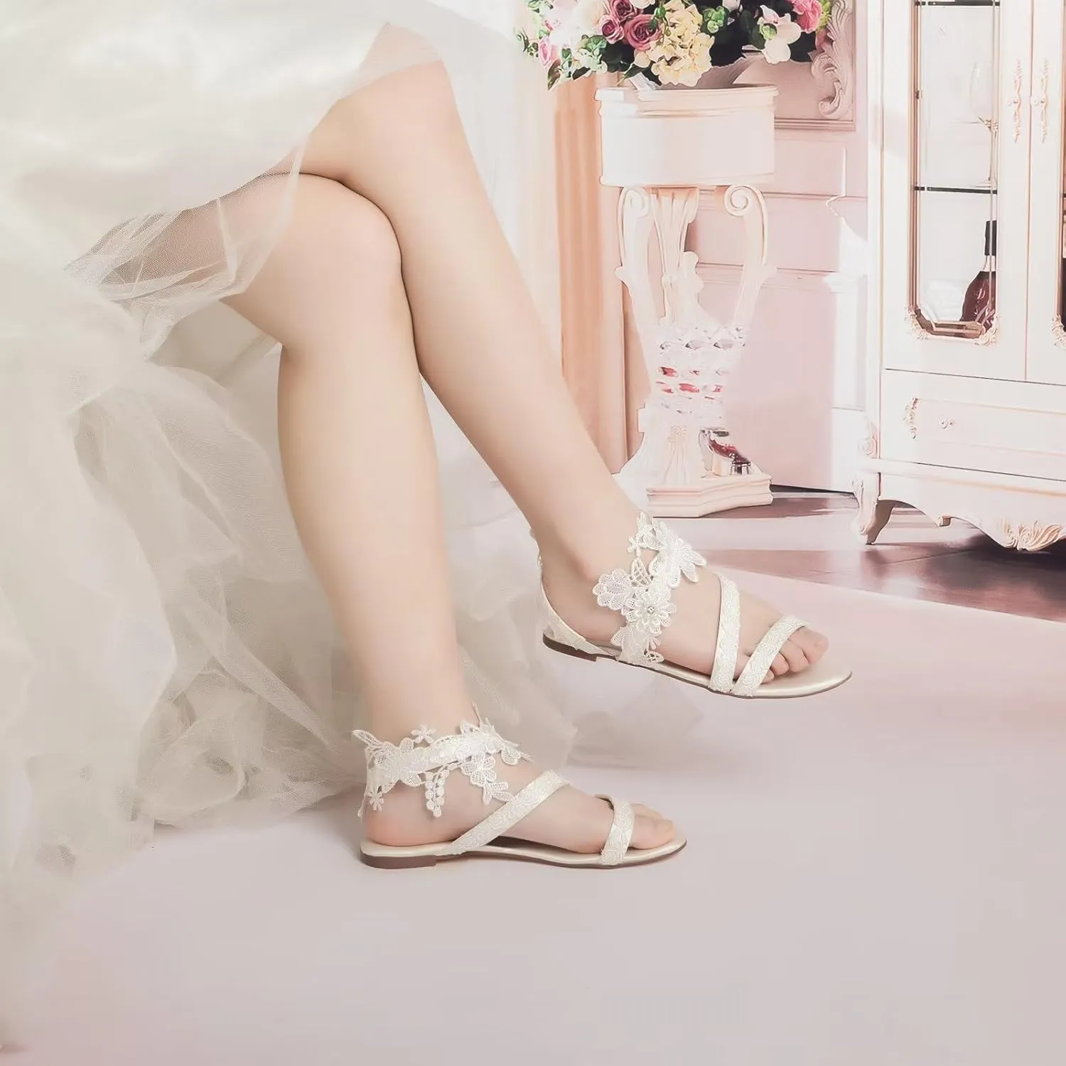 Emily Bridal 331-17 Wedding Sandals Open Toe Silk Like Satin Flat with Stitching Lace Flower Crystal Pearl