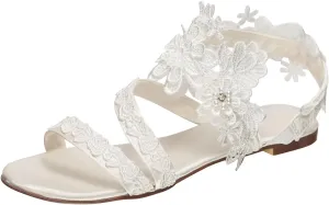 Emily Bridal 331-17 Wedding Sandals Open Toe Silk Like Satin Flat with Stitching Lace Flower Crystal Pearl