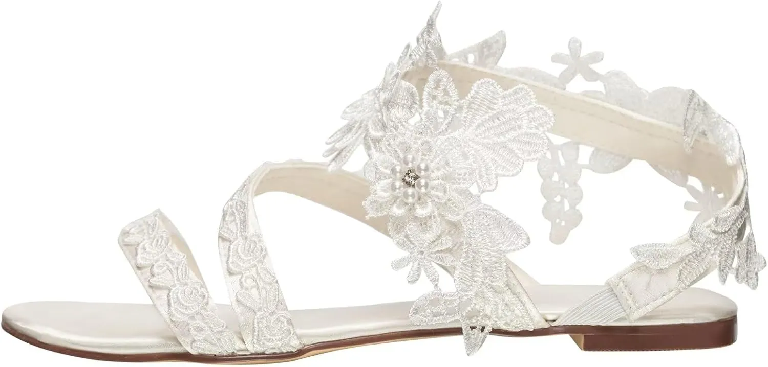 Emily Bridal 331-17 Wedding Sandals Open Toe Silk Like Satin Flat with Stitching Lace Flower Crystal Pearl