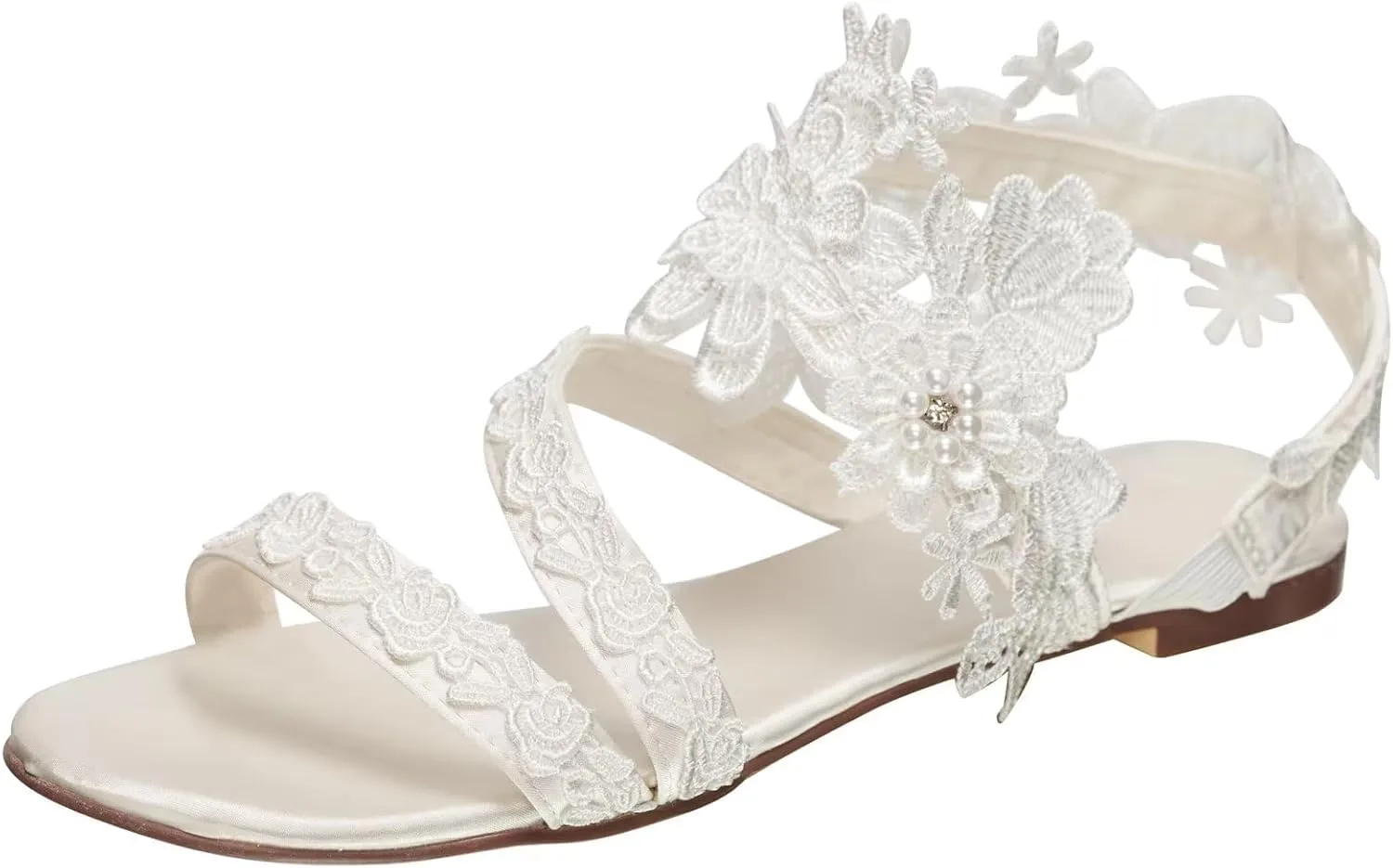 Emily Bridal 331-17 Wedding Sandals Open Toe Silk Like Satin Flat with Stitching Lace Flower Crystal Pearl