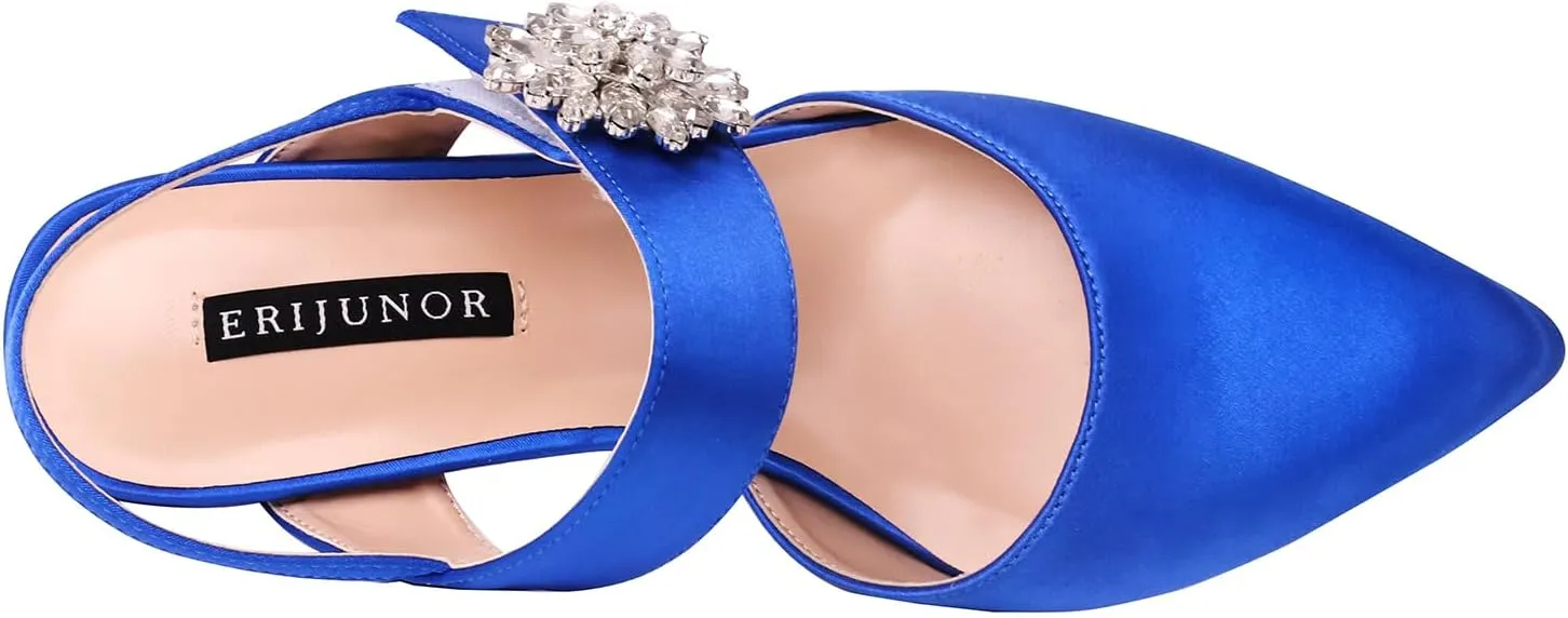 ERIJUNOR Mid Heel Shoes for Women Pointed Toe Slingback Rhinestone Brooch Satin Dress Pumps Evening Prom Wedding Shoes