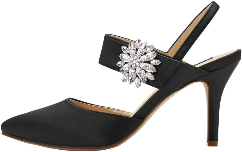ERIJUNOR Mid Heel Shoes for Women Pointed Toe Slingback Rhinestone Brooch Satin Dress Pumps Evening Prom Wedding Shoes