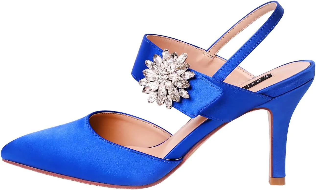 ERIJUNOR Mid Heel Shoes for Women Pointed Toe Slingback Rhinestone Brooch Satin Dress Pumps Evening Prom Wedding Shoes