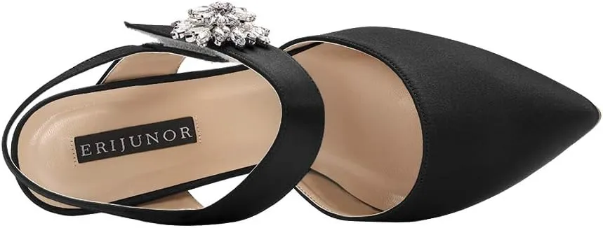 ERIJUNOR Mid Heel Shoes for Women Pointed Toe Slingback Rhinestone Brooch Satin Dress Pumps Evening Prom Wedding Shoes