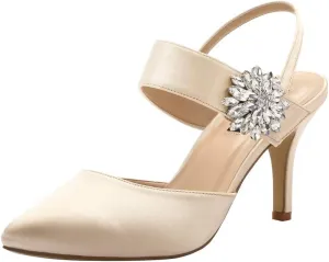 ERIJUNOR Mid Heel Shoes for Women Pointed Toe Slingback Rhinestone Brooch Satin Dress Pumps Evening Prom Wedding Shoes