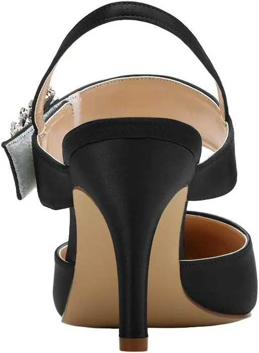 ERIJUNOR Mid Heel Shoes for Women Pointed Toe Slingback Rhinestone Brooch Satin Dress Pumps Evening Prom Wedding Shoes