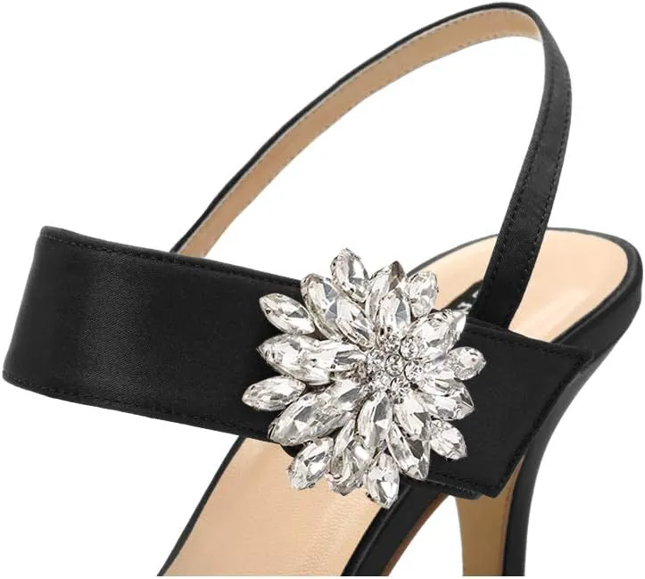 ERIJUNOR Mid Heel Shoes for Women Pointed Toe Slingback Rhinestone Brooch Satin Dress Pumps Evening Prom Wedding Shoes