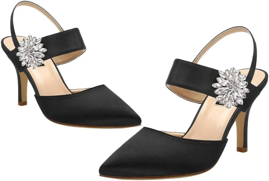 ERIJUNOR Mid Heel Shoes for Women Pointed Toe Slingback Rhinestone Brooch Satin Dress Pumps Evening Prom Wedding Shoes