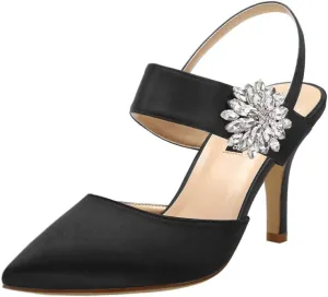 ERIJUNOR Mid Heel Shoes for Women Pointed Toe Slingback Rhinestone Brooch Satin Dress Pumps Evening Prom Wedding Shoes