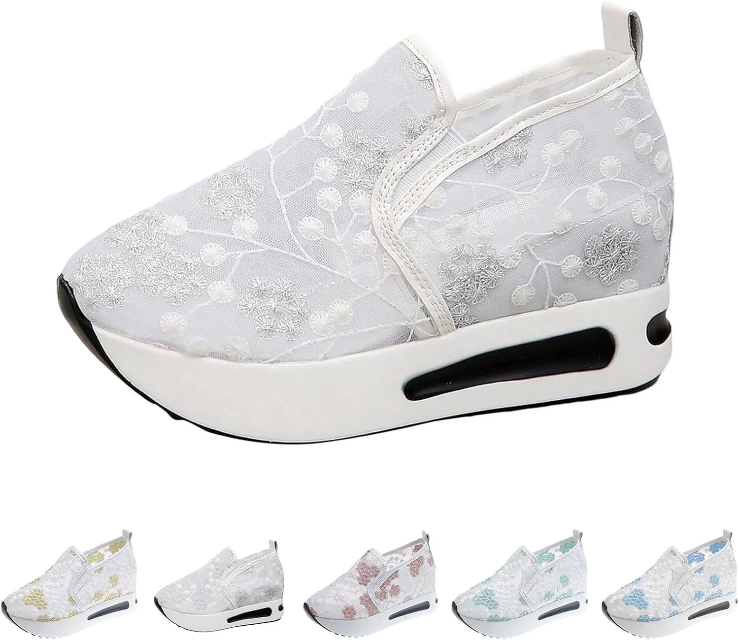 Fashion Sneakers for Women 2025, Floral Embroidery Breathable Sheer Mesh Lace Sneakers Slip on Sneakers Platform Wedge Sneakers Dressy Casual Walking Shoes (a-White, 9)