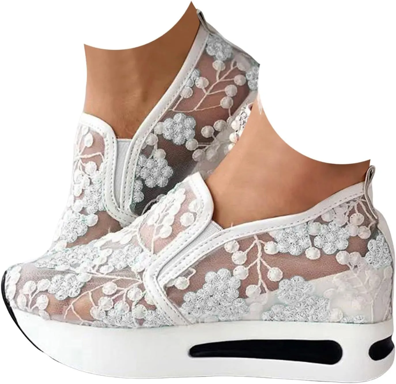Fashion Sneakers for Women 2025, Floral Embroidery Breathable Sheer Mesh Lace Sneakers Slip on Sneakers Platform Wedge Sneakers Dressy Casual Walking Shoes (a-White, 9)