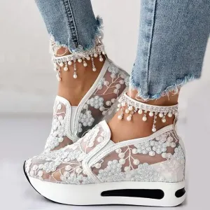Fashion Sneakers for Women 2025, Floral Embroidery Breathable Sheer Mesh Lace Sneakers Slip on Sneakers Platform Wedge Sneakers Dressy Casual Walking Shoes (a-White, 9)