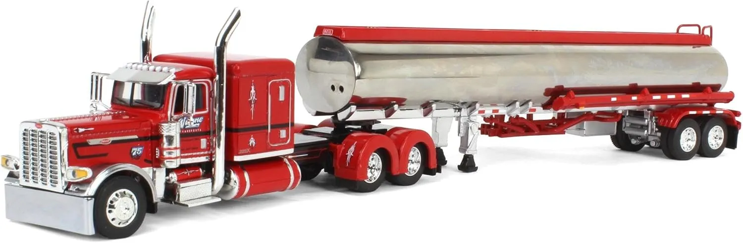 First Gear 389X with 63” Flat Top Sleeper and Heil Fuel Tank Trailer Wayne Transports Red with Black Stripes Big Rigs Series II #1" 1/64 Diecast Model by DCP 69-2000