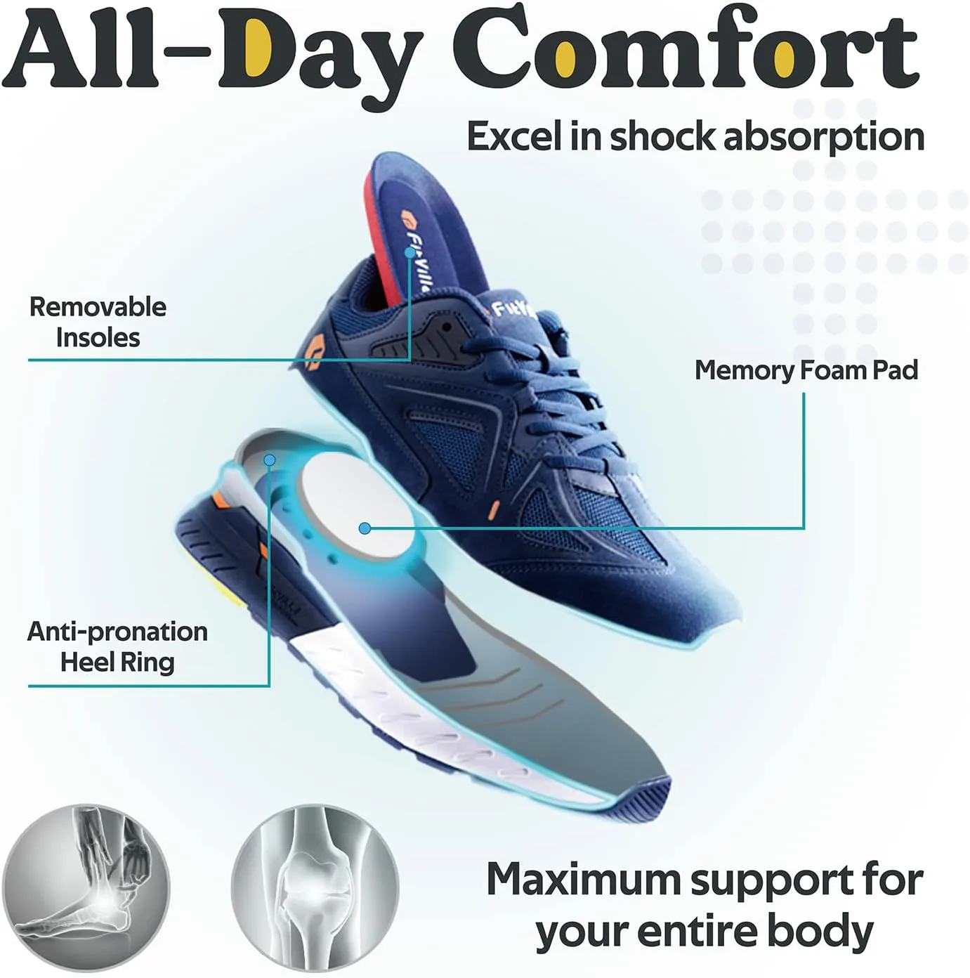 FitVille Extra Wide Walking Shoes for Men Wide Width Sneakers for Flat Feet Arch Fit Heel Pain Relief - Rebound Core