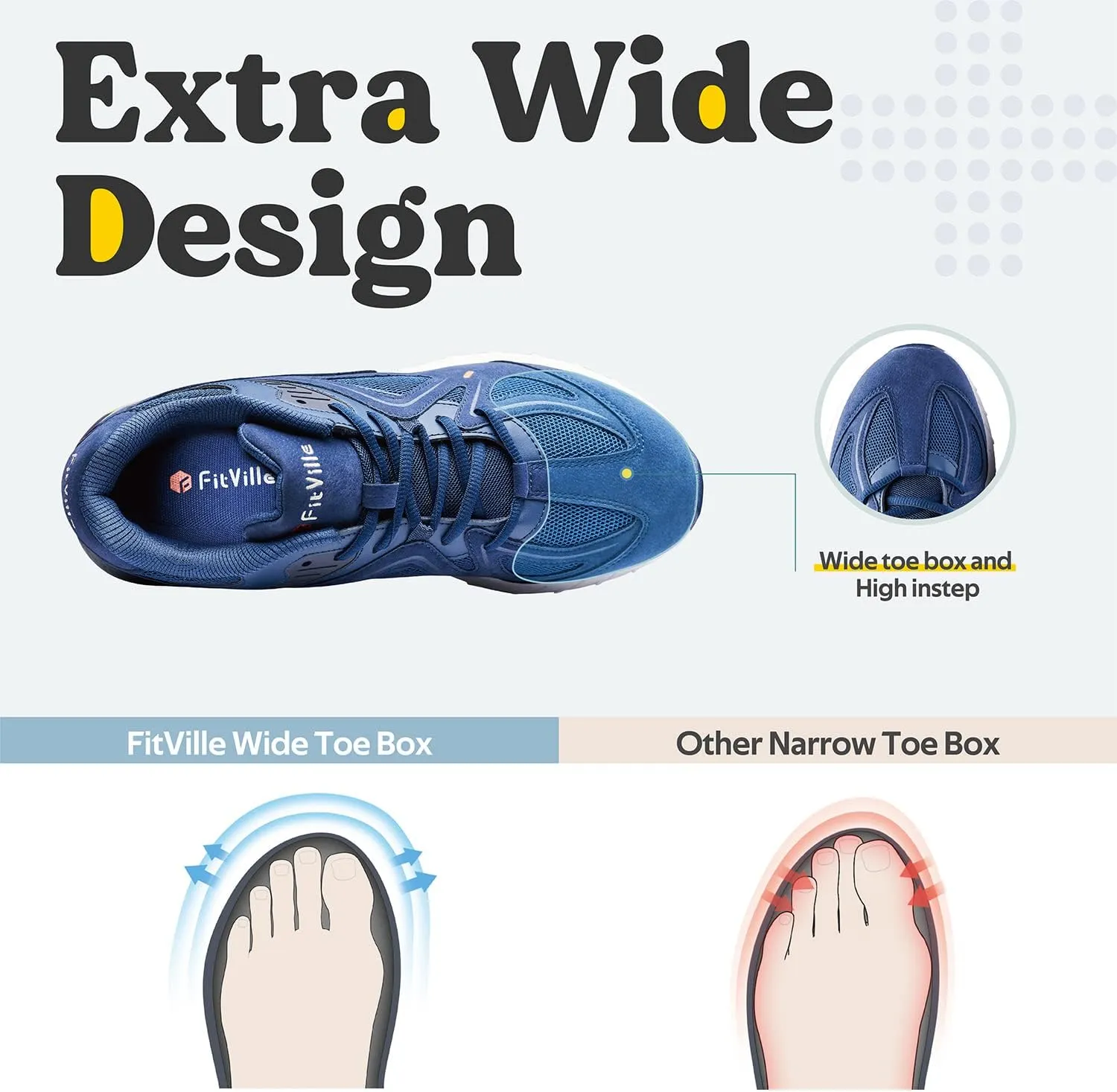 FitVille Extra Wide Walking Shoes for Men Wide Width Sneakers for Flat Feet Arch Fit Heel Pain Relief - Rebound Core
