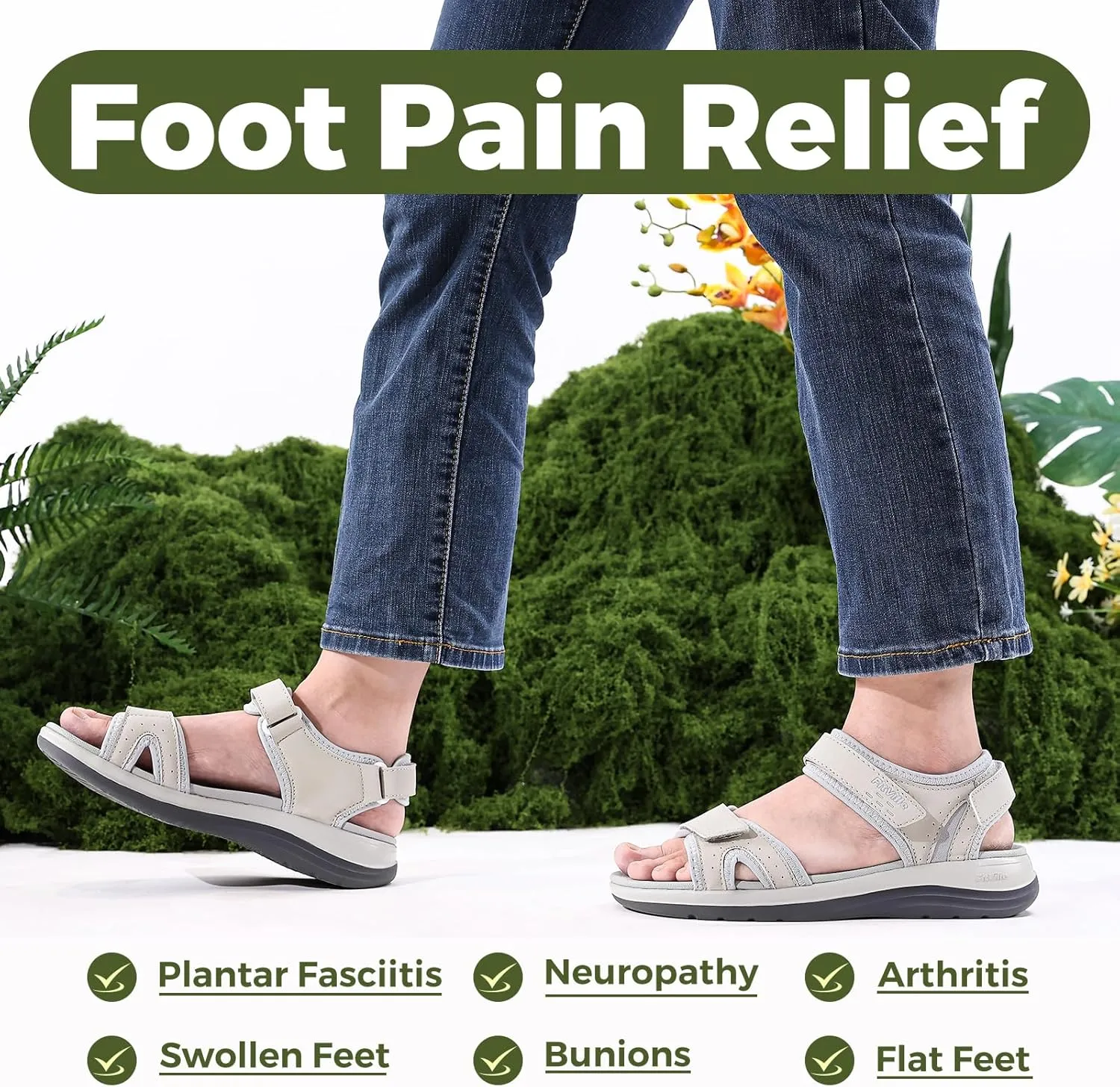 FitVille Women's Orthopedic Wide Sandals Strappy Arch Support Flat Sandals for Plantar Fasciitis & Swollen Feet | Adjustable Ankle Strap