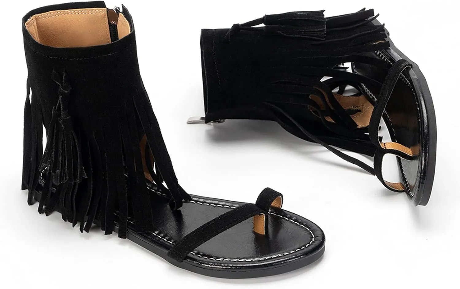 Flat Sandals for Women Gladiator Suede Fringe Open toe Falt Zip Up Flat Sandals Women Flat Dress Sandals for Women