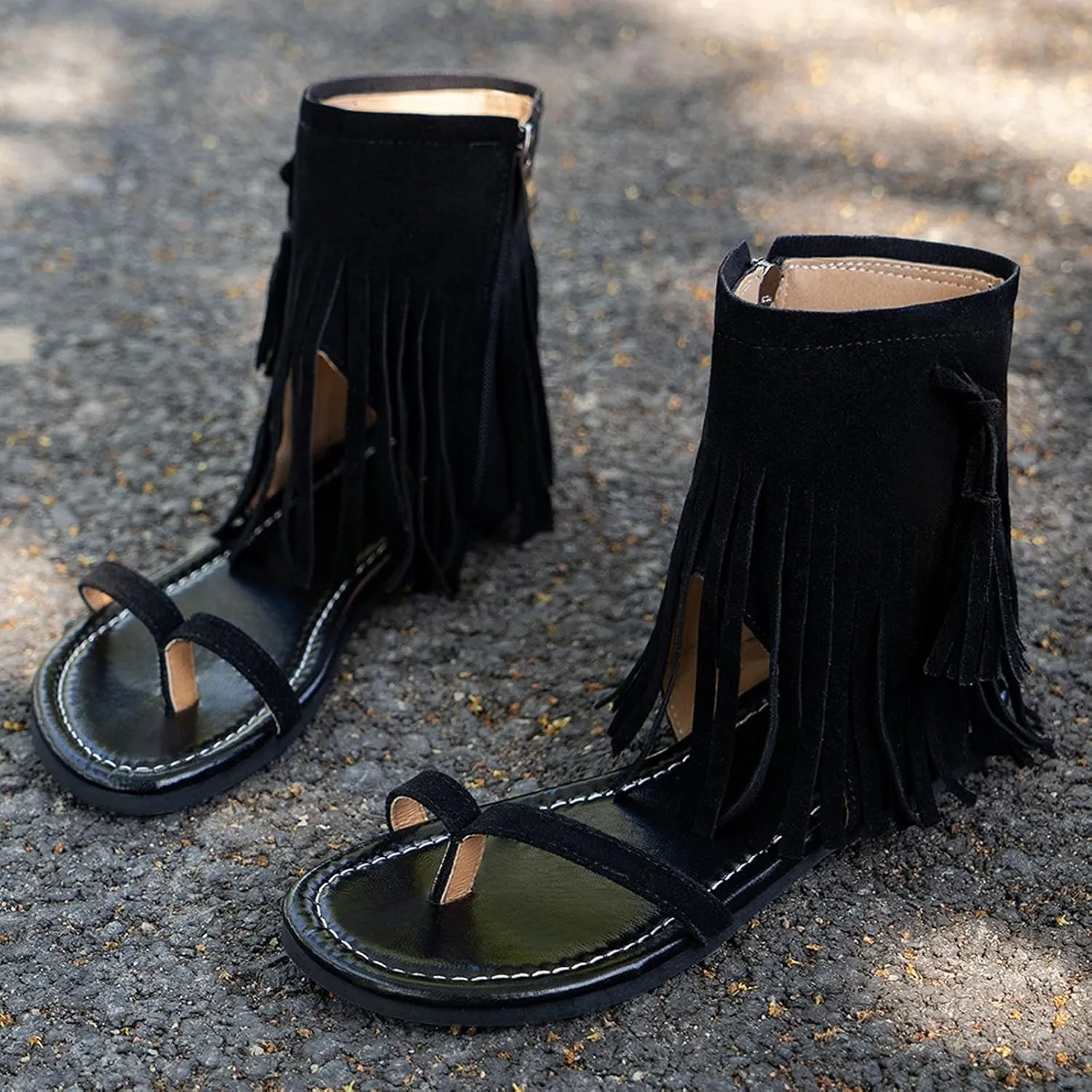 Flat Sandals for Women Gladiator Suede Fringe Open toe Falt Zip Up Flat Sandals Women Flat Dress Sandals for Women