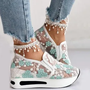 Floral Embroidery Breathable Sheer Mesh Sneakers for Women 2025 Spring Glitter Mesh Casual Sneakers Platform Wedge Floral Shoes Slip On Dressy Tennis Shoes for Outdoor Walking
