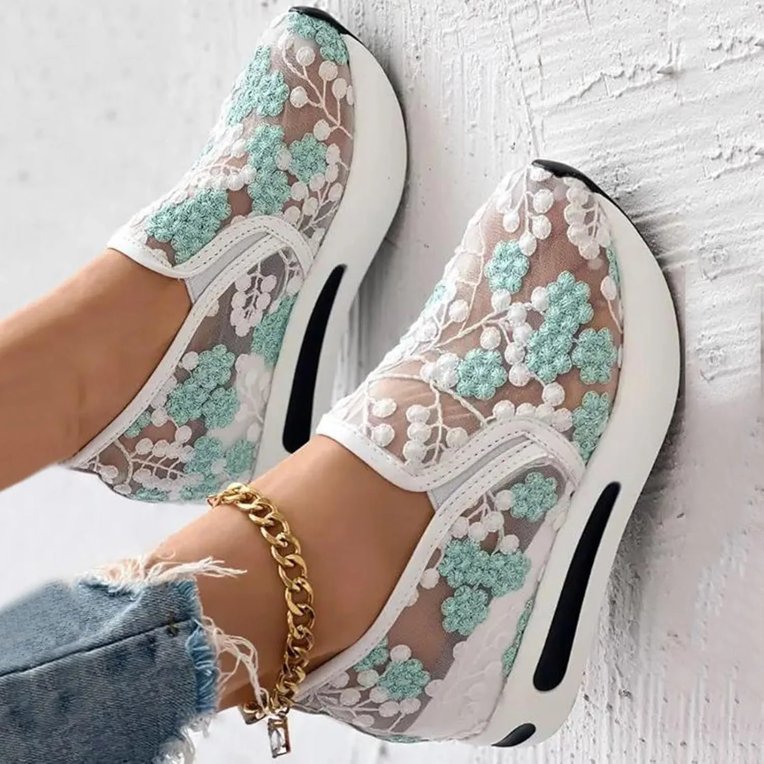 Floral Embroidery Breathable Sheer Mesh Sneakers for Women 2025 Spring Glitter Mesh Casual Sneakers Platform Wedge Floral Shoes Slip On Dressy Tennis Shoes for Outdoor Walking