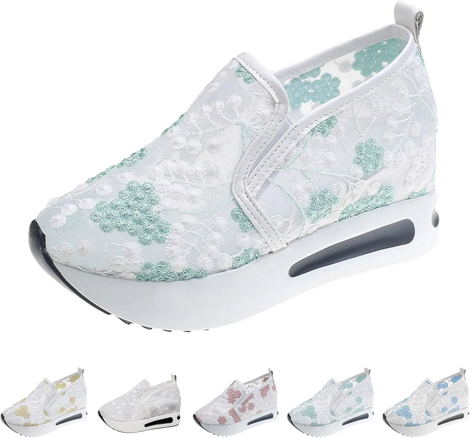Floral Embroidery Breathable Sheer Mesh Sneakers for Women 2025 Spring Glitter Mesh Casual Sneakers Platform Wedge Floral Shoes Slip On Dressy Tennis Shoes for Outdoor Walking