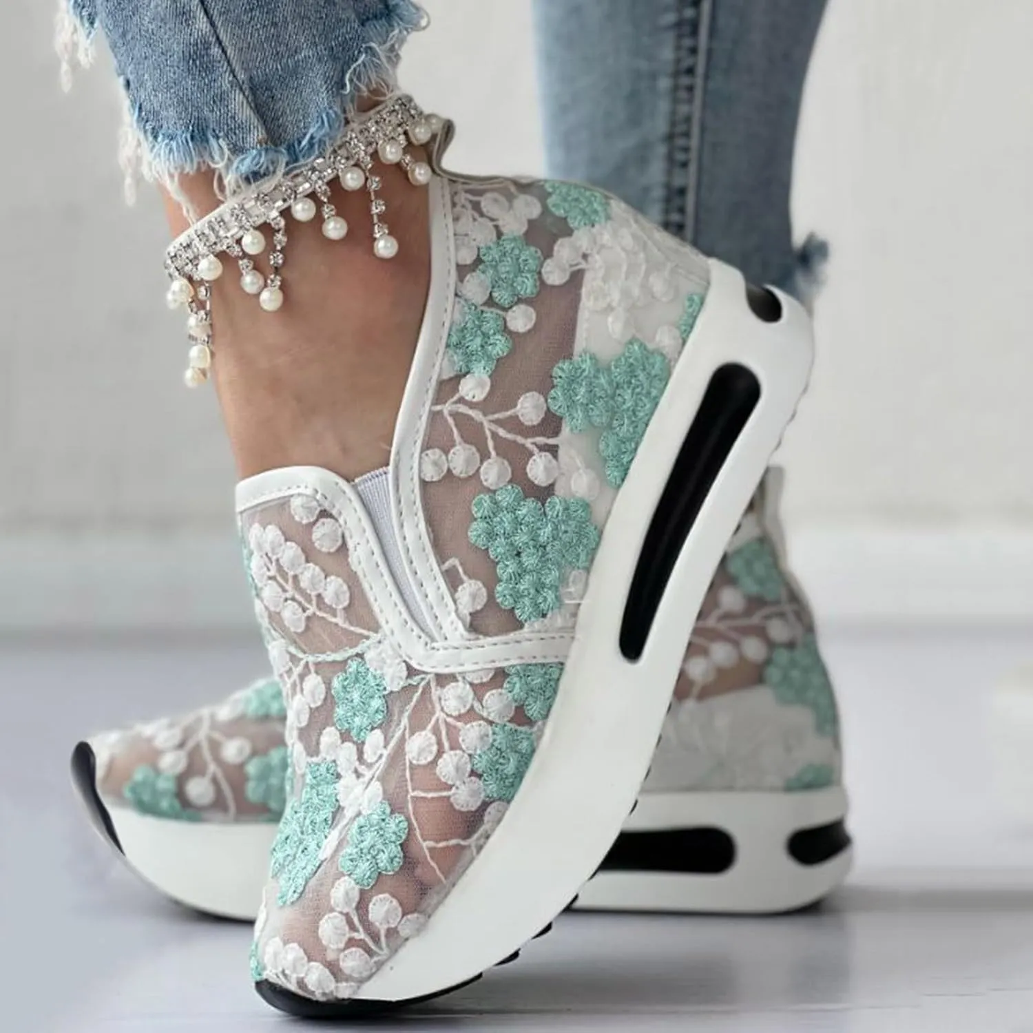 Floral Embroidery Breathable Sheer Mesh Sneakers for Women 2025 Spring Glitter Mesh Casual Sneakers Platform Wedge Floral Shoes Slip On Dressy Tennis Shoes for Outdoor Walking