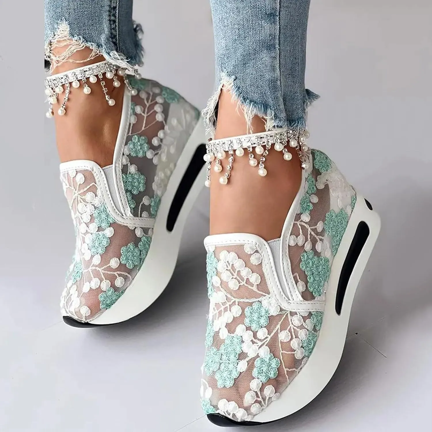 Floral Embroidery Breathable Sheer Mesh Sneakers for Women 2025 Spring Glitter Mesh Casual Sneakers Platform Wedge Floral Shoes Slip On Dressy Tennis Shoes for Outdoor Walking
