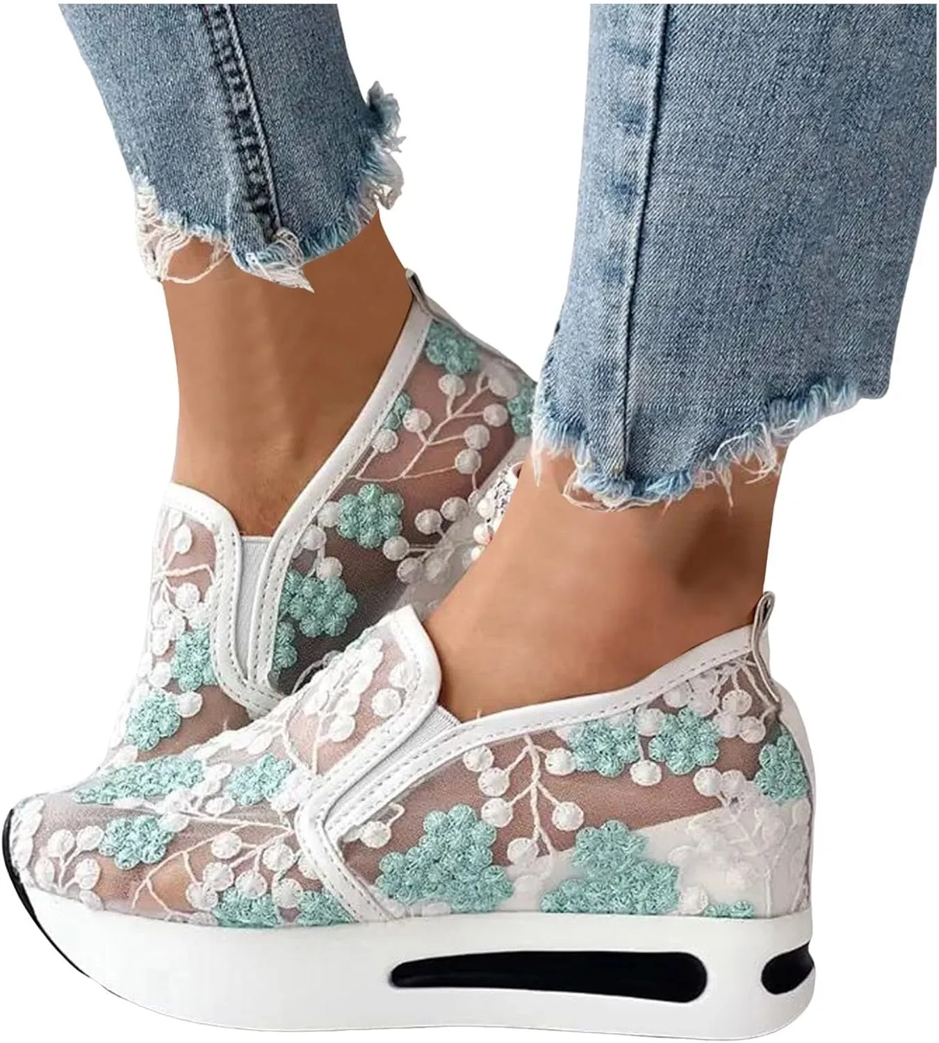 Floral Embroidery Breathable Sheer Mesh Sneakers for Women 2025 Spring Glitter Mesh Casual Sneakers Platform Wedge Floral Shoes Slip On Dressy Tennis Shoes for Outdoor Walking
